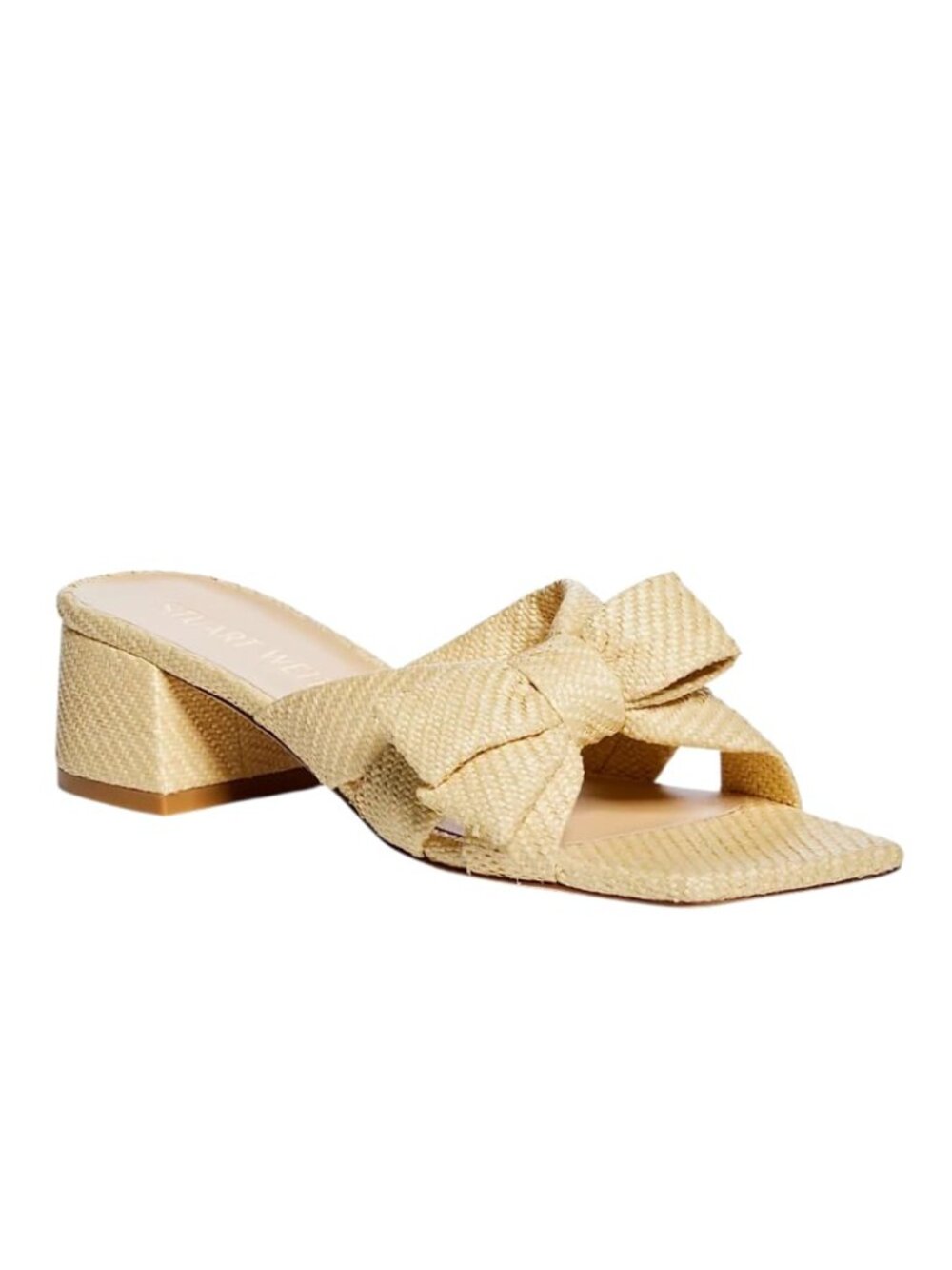 Stuart Weitzman Loveknot 50 Block Slide Sandals Wheat Raffia, US 8 B